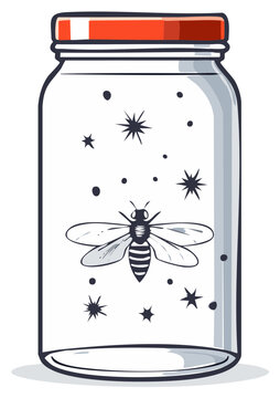 Hand drawn illustration of a lightning bug trapped inside a glass jar with a red lid surrounded by glowing specks of light