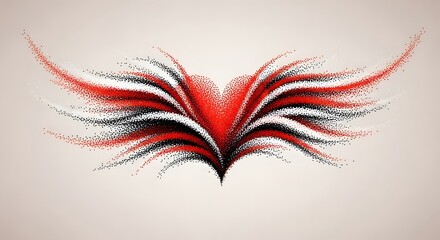 Fototapeta premium Abstract heart with spreading wings in pointillism art. Freedom and spiritual love concept. Symmetrical red and black feathered wings expanding from a central heart