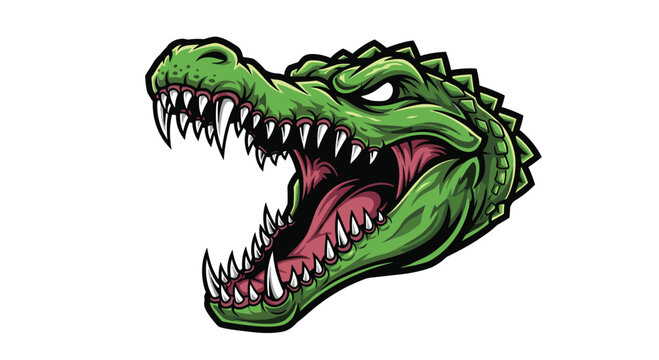 A fierce alligator head with glowing yellow eyes, sharp teeth, and a gaping mouth with an extended tongue, roars aggressively, embodying primal power and danger.