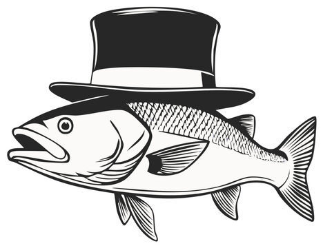 Fish wearing a top hat - Elegant aquatic creature in formal attire, vintage illustration