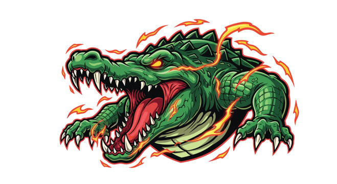 A fierce green alligator, engulfed in dynamic orange flames and with glowing eyes, lunges aggressively with a gaping mouth, embodying raw power and heat.