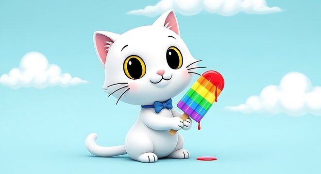 Cartoon cat eating rainbow popsicle outdoors.