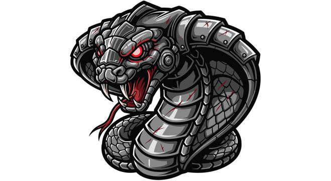 A futuristic robotic cobra, featuring metallic grey scales, glowing red cybernetic eyes, and a sharp fangs, coiled ready to strike with lethal precision.