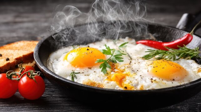 Fried eggs in a pan with tomatoes and herbs ready to serve