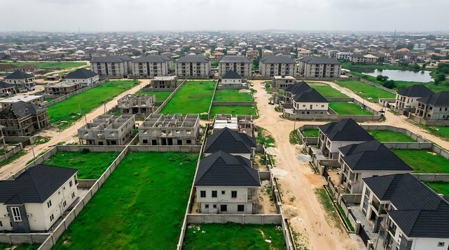Suburban neighborhood expansion with organized street layouts, finished modern homes, and concrete house frames under construction in a growing city