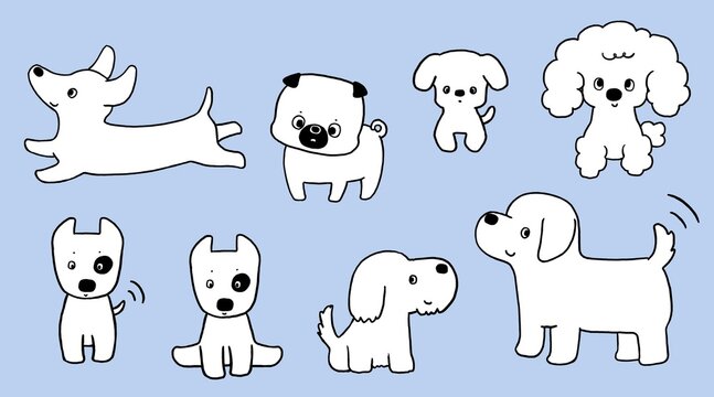 Adorable Cartoon Dogs Collection. Isolate ,   Minimalist black and white Line Art on a Light Blue Background.