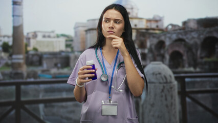 Fototapeta premium Nurse holding a pill bottle with stethoscope and badge, hand on chin and pensive face in front of an old stone building; medical concern.