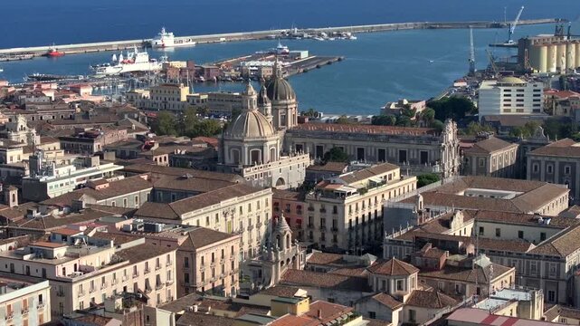 Catania central square, Basilica Cattedrale di Sant Agata. Aerial, Historic piazza del Duomo in Catania, Sicily, Italy.