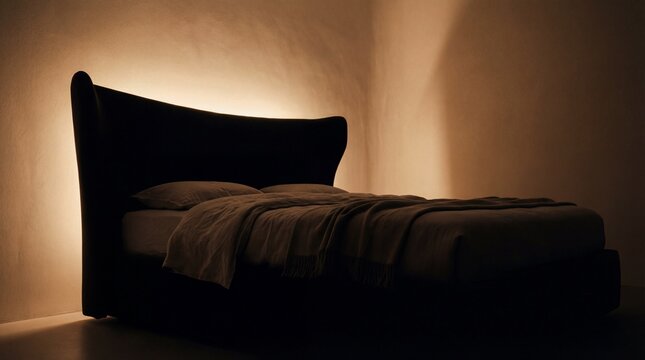 Luxurious dark bed silhouette with soft lighting on wall, isolated on transparent background