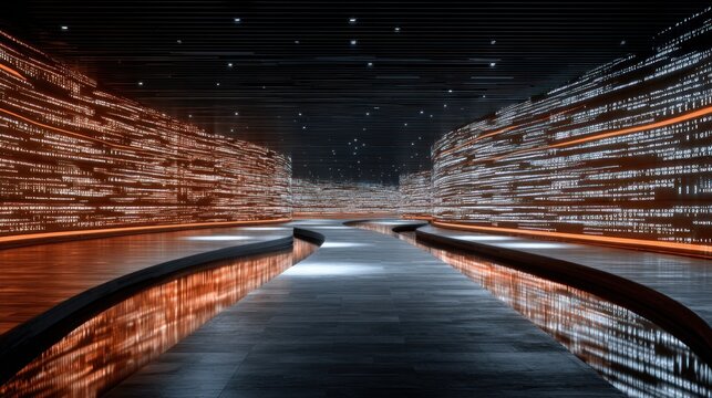 Abstract digital tunnel with data streams futuristic rendered illustration