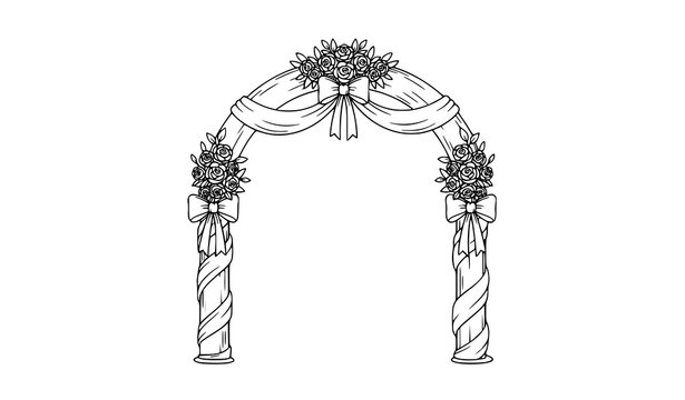 Black and White Wedding Arch with Flowers Ribbon Cute Line Marriage Clipart Vector
