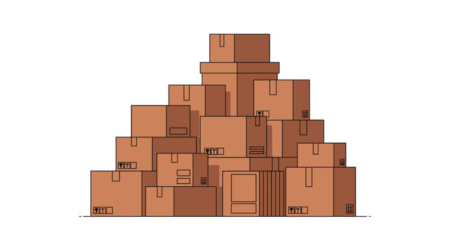 A massive and orderly pile of closed brown cardboard shipping containers forms a tall triangular stack against a pristine and empty white background.