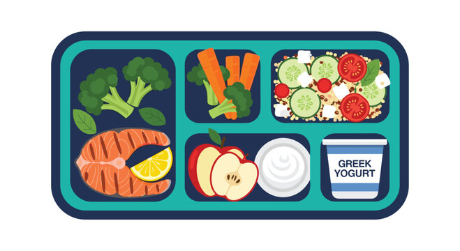 A modern teal plastic lunch container holds a balanced meal of grilled salmon steak, fresh broccoli florets, carrot sticks, quinoa salad, and sliced apples.