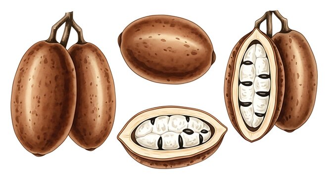 Realistic Illustration of Cacao Pods - Whole, Halved, and Seed Detail.