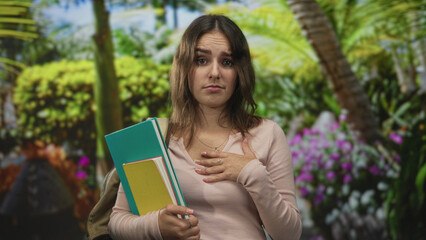 Fototapeta premium Woman wearing pink sweater holding turquoise notebooks and backpack, hand to chest in forest; surprise uncertainty.