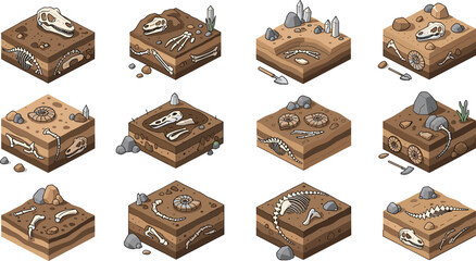 Isometric Fossil Excavation Collection with Dinosaur Bones Skeletons and Archaeology Dig Sites Featuring Soil Layers Tools and Prehistoric Discoveries Vector Illustration Set © MD
