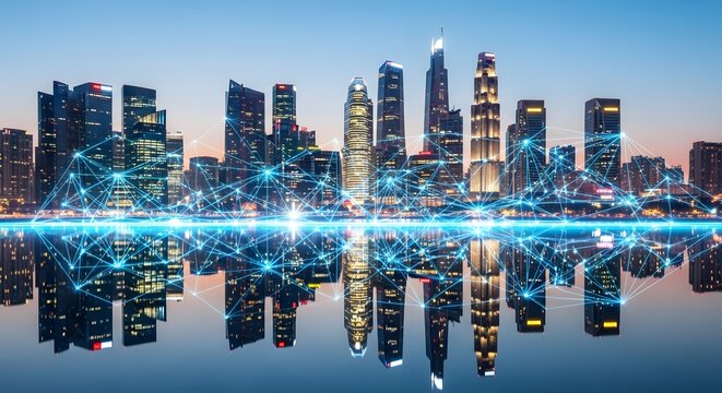 Smart City Network: Futuristic Skyline with Connected Technology