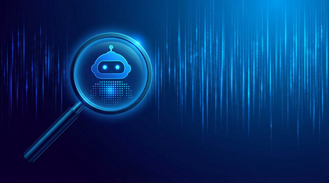 Magnifying glass focused on a chatbot icon, symbolizing AI search and digital assistance with a futuristic blue background