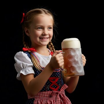 Joyful Young Girl in Traditional Bavarian Dress Holds Frothy Beer Mug Against Dark Backdrop.