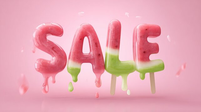 Vibrant watermelon popsicle "SALE" text with realistic melting drips and a summer theme.