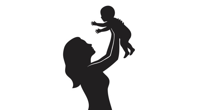 Silhouette of a loving mother playfully lifting her baby, symbolizing the strong connection, care, and happiness of family