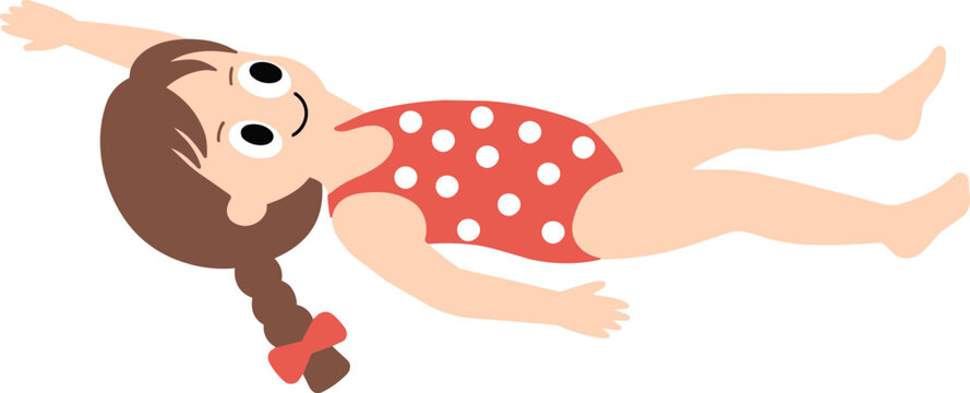 Little girl swimming backstroke in red polka dot swimsuit 2D flat vector