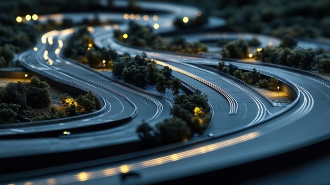 Detailed miniature racing circuit design illuminated at night, showcasing intricate road network and urban planning concept