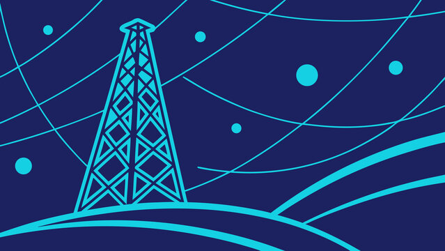 Vector illustration of a space shuttle launching near a glowing space station in a dark night sky with a modern digital technology style