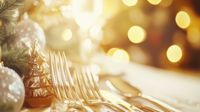 Elegant Christmas table setting with vintage silverware and soft golden bokeh lights