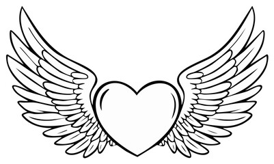 Fototapeta premium Stylized heart shape with spread wings in a simple line drawing art style.