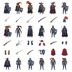 Fototapeta premium Collection of Musketeer and Historical Soldier Character Icons and Equipment.