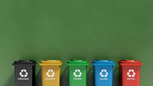 Colored recycling bins for waste sorting with copy space. Waste management and environmental protection concept with plastic paper glass metal and organic containers. Rendering in 8k high resolution.