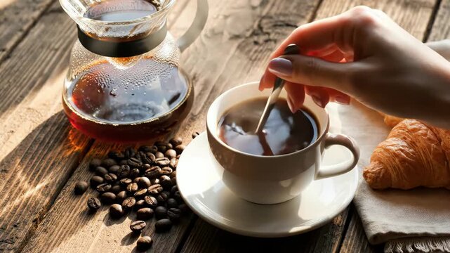 Fresh Coffee Cup with Glass Carafe Croissants and Coffee Beans on Rustic Wooden Table Breakfast Scene