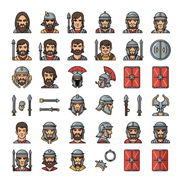 Collection of Ancient Roman Soldiers and Equipment Icons.