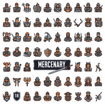 Collection of hand drawn mercenary character icons and fantasy warrior avatars.