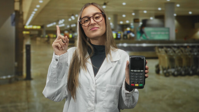 Young hispanic woman wearing glasses points finger and holds handheld card reader in busy airport baggage claim terminal; confidence service.
