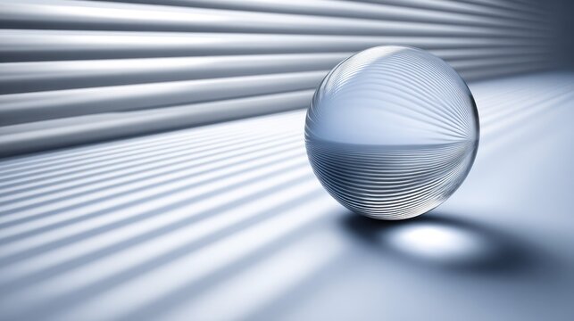 Transparent sphere rests upon a reflective surface with parallel linear textures