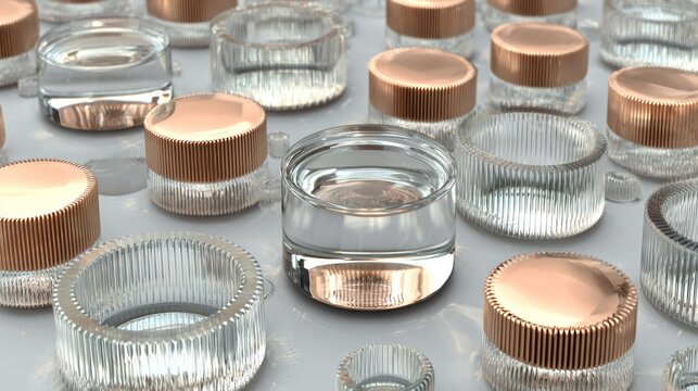Numerous cosmetic jars with clear glass bases and metallic rose gold caps are arranged in a pattern.