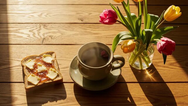 Morning Coffee with Buttered Jam Toast and Tulips on Wooden Table Sunlit Breakfast Scene