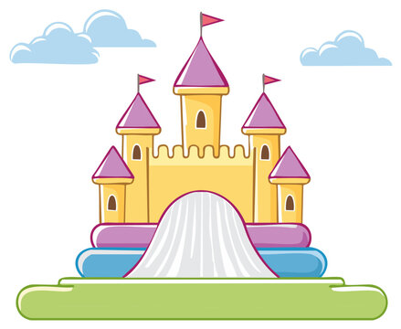 Vibrant yellow inflatable castle bounce house with slide for kids outdoor fun activity