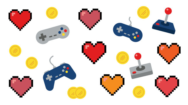 Pixel Art Retro Video Game Icons Set, Gamepad, Joystick, Golden Coins and Heart Life Symbols for 8-bit Gaming Design and Web Interface Assets