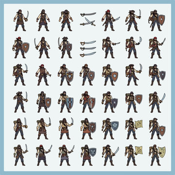 Collection of Pirate Character Game Sprites with Weapons and Shields.