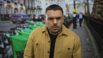 Obraz premium Man pressing hand to forehead while leaning against green rental bikes parked on a busy city street; fatigue.
