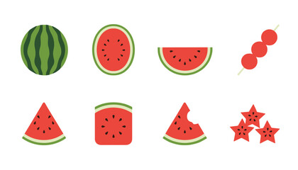 Obraz premium Fresh Watermelon Slices and Shapes Icons Set Including Whole Fruit Half Slice Skewer Star Shape and Bitten Piece Isolated on White Background Vector