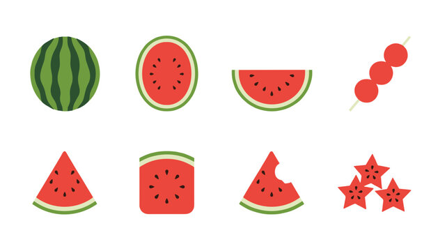 Fresh Watermelon Slices and Shapes Icons Set Including Whole Fruit Half Slice Skewer Star Shape and Bitten Piece Isolated on White Background Vector