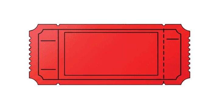 Blank red paper admission ticket with perforated edge and black outline borders isolated on a white background