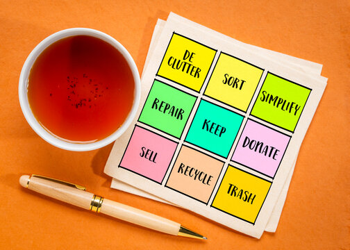 declutter concept, a set od inspirational reminder notes, lifestyle and personal development