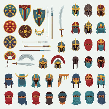 Collection of ancient warrior gear including shields helmets weapons and masked soldiers.