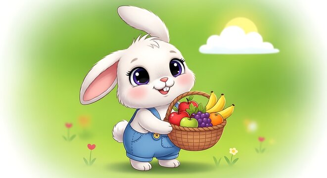 Cute cartoon rabbit with fruit basket.