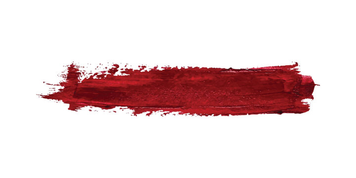 Horizontal deep red paint brush stroke with textured edges isolated on a white background showing thick pigment layers and dry brush marks